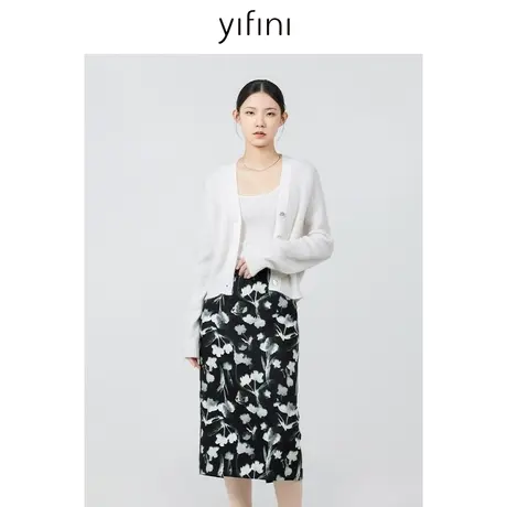 Yifini/易菲简约通勤印花中长款铅笔裙女2023秋季新款百搭半身裙图片
