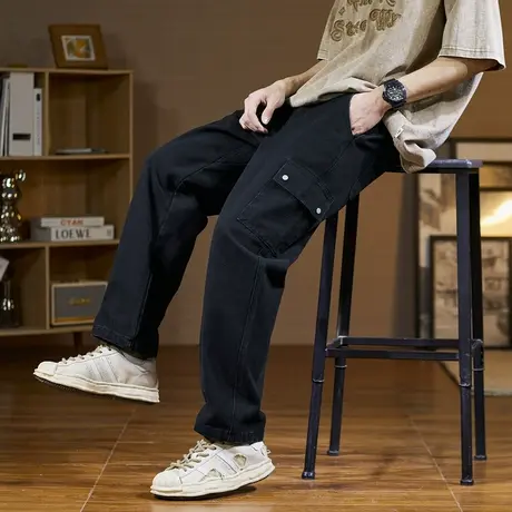 唐狮春秋季牛仔长裤男工装阔腿裤宽松显瘦潮牌帅气时尚黑色裤子商品大图