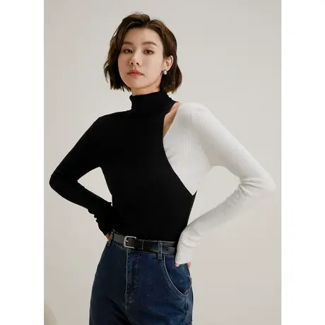 弥古黑白撞色镂空针织打底衫2023新款女秋冬季设计感高领毛衣内搭商品大图