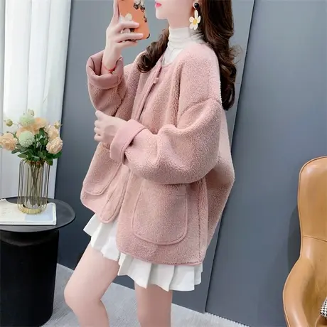 粉色羊羔毛外套女加厚2023新款冬季宽松休闲高级感超好看韩系上衣商品大图