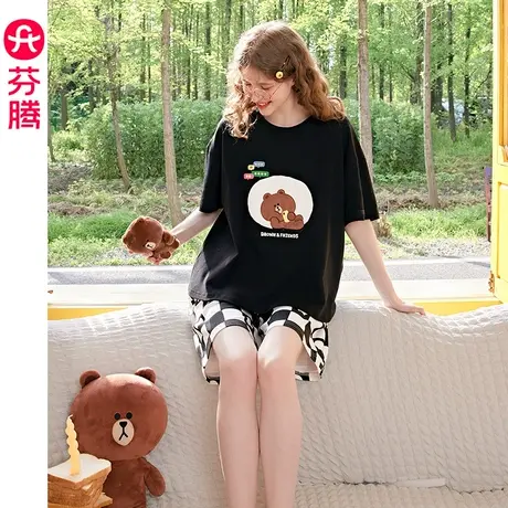 芬腾情侣睡衣女布朗熊夏季纯棉短袖薄款圆领男士可外穿家居服套装商品大图