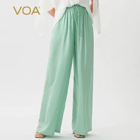 VOA提花桑蚕丝青色松紧腰系带木耳边时尚休闲宽松百搭真丝阔腿裤图片