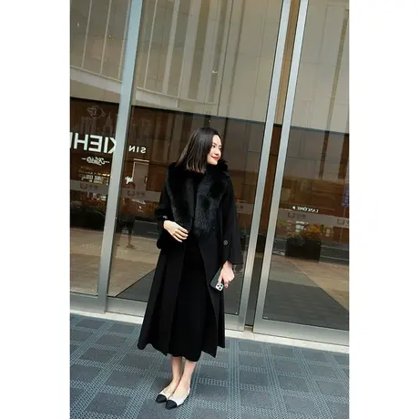 23冬季新款女装可拆卸领系带收腰狐狸毛领绵羊毛女士中长大衣外套图片