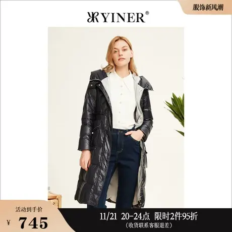 YINER音儿线上专选女装冬季中长款加厚连帽保暖白鸭绒羽绒服商品大图