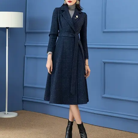 蓝色小香风呢子大衣女秋冬2023年新款时尚洋气收腰修身中长款外套图片