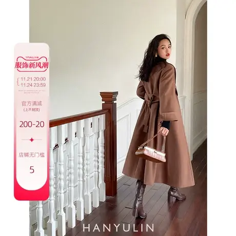 韩语琳自制港风复古气质长款毛呢子大衣外套女装秋冬季图片