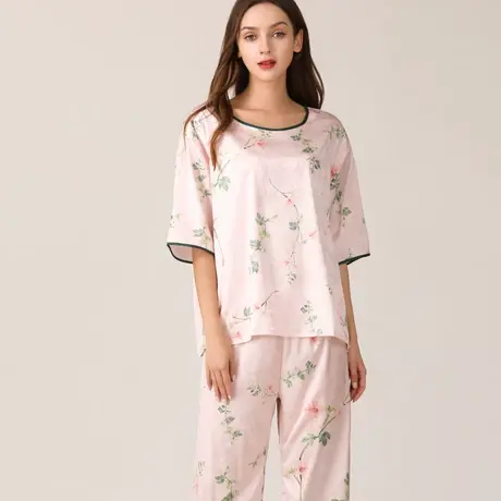 睡衣女夏季冰丝2024年新款古风宽松印花真丝套装中国风丝绸家居服商品大图