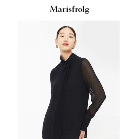 【商场同款】玛丝菲尔女装秋季新款黑色长袖真丝衬衫A1BW30509商品大图
