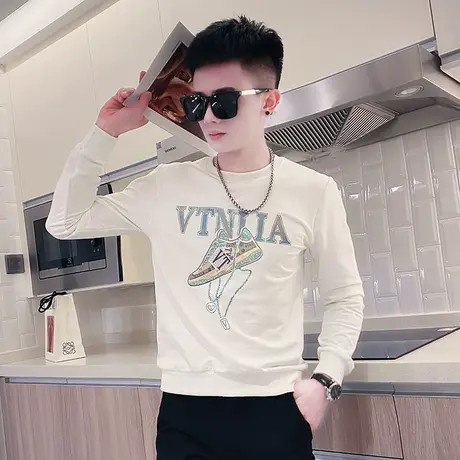 卫衣男修身烫钻长袖t恤高街ins潮春秋百搭休闲上衣无帽圆领打底衫商品大图