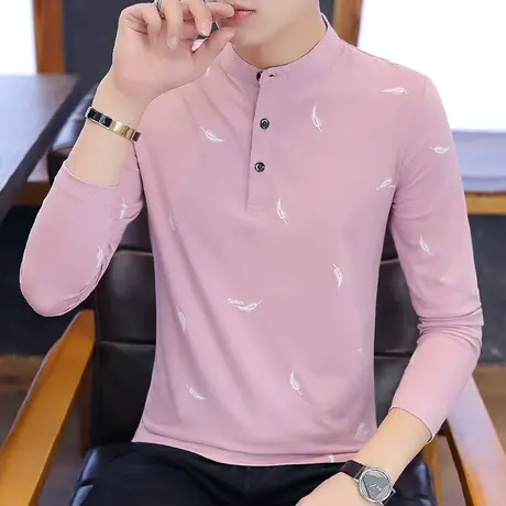 秋季新款V领男士长袖T恤潮青少年时尚休闲半袖打底衫学生个性上衣商品大图