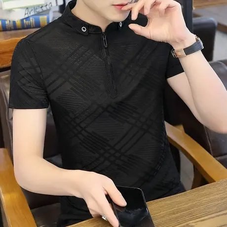 短袖男士t恤韩版潮体恤新款半袖夏季POLO衫拉链翻领打底衫上衣服商品大图