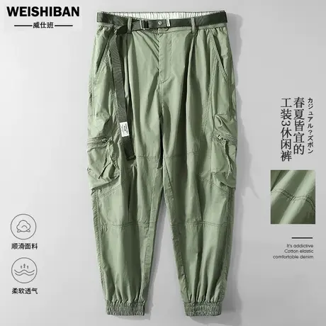 夏季时尚腰带工装裤男美式潮流工装多袋复古帅气薄款束脚九分裤男图片