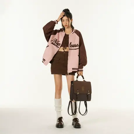 YEP美式风街头棒球服外套女春秋2023新款麂皮绒拼接复古宽松夹克商品大图