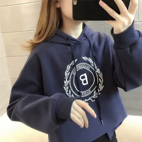 2023秋冬卫衣休闲上衣套头韩版连帽百搭字母印花宽松卫衣加绒加厚图片