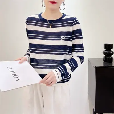 条纹针织衫女薄款2023新款早秋季长袖打底衫内搭毛衣宽松上衣洋气商品大图