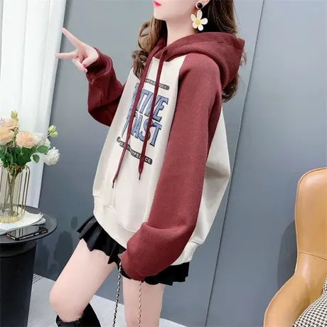 拼色插肩袖加绒加厚连帽卫衣女秋冬新款宽松时尚减龄学生爆款上衣商品大图
