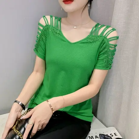 欧货露肩女装时尚镂空T恤短袖潮流2024设计感小众烫钻上衣小衫夏图片