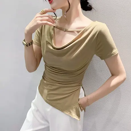 一字肩女装2024新款性感镂空T恤短袖洋气百搭上衣不规则开叉小衫商品大图