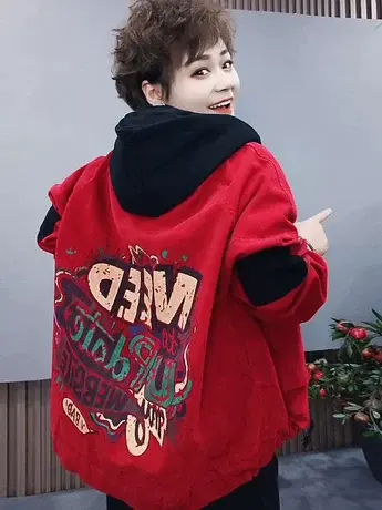 欧洲站2023年秋冬加绒设计感小众撞色拼接印花宽松休闲短款外套女商品大图