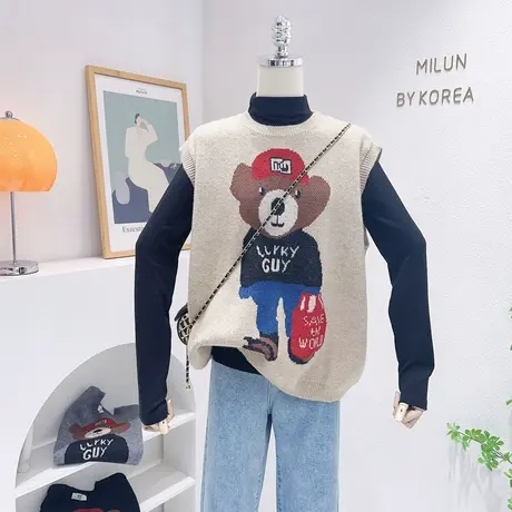 韩国东大门圆领针织衫2022秋冬款小熊毛衣马甲叠穿慵懒风大码宽松图片