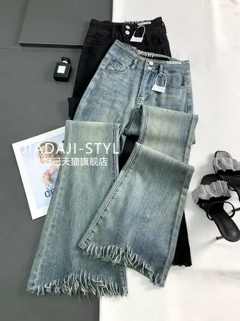 两粒扣后绑带牛仔喇叭裤女2023夏季薄款高腰显瘦微弹力流苏微喇裤图片