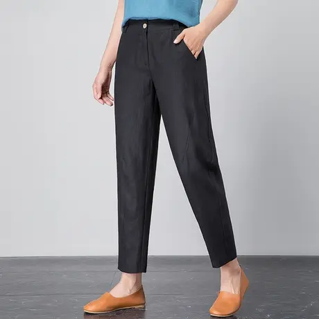 黑色棉麻裤子女夏薄款2023新款夏季女裤亚麻萝卜裤休闲九分哈伦裤图片