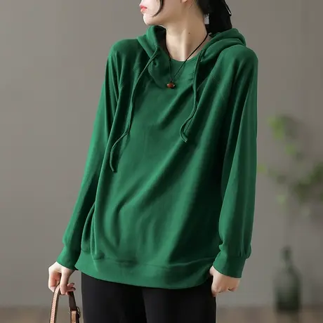 dza 纯色棉质连帽套头卫衣女士秋冬新款内搭打底上衣宽松短款长袖商品大图