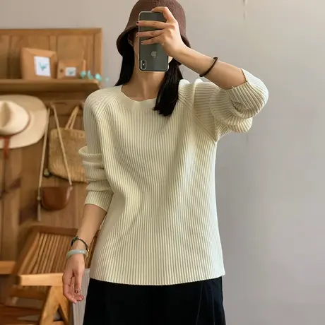 dza 复古纯色圆领条绒毛衣女秋冬洋气内搭针织衫宽松上衣打底衫女商品大图