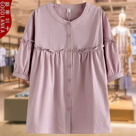 40-50岁中年妈妈夏装短袖衬衣女大码宽松时尚木耳边纯棉女士衬衫商品大图