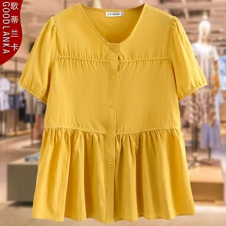 加肥加大码胖妈妈夏季上衣宽松纯棉小衫时尚遮肚减龄女士短袖衬衫商品大图