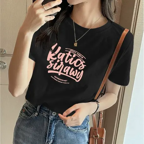 黑色纯棉短袖t恤女2023新款大码圆领设计感体恤美式印花宽松上衣图片