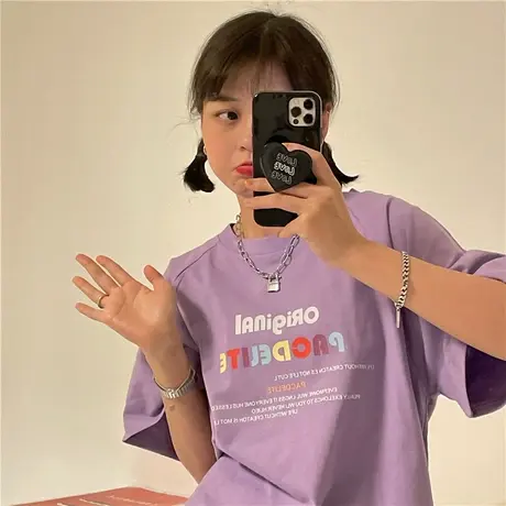 红续~原创字母港风牛角袖2023新款韩版夏装宽松纯棉短袖T恤女上衣商品大图