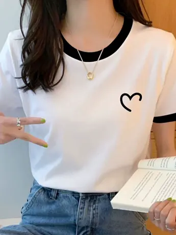 情侣装仿棉正肩短袖t恤女2023新款夏季小众设计感港味chic上衣服商品大图