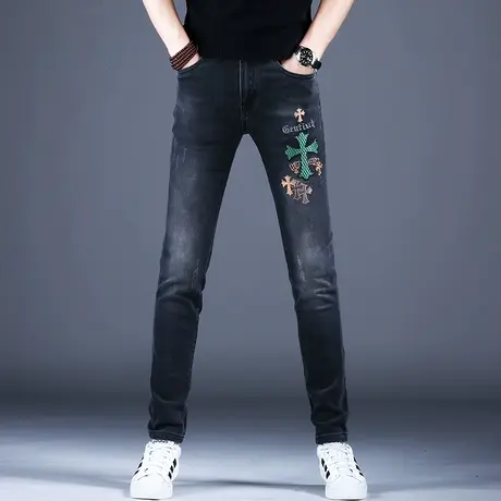 新款烟灰色刺绣牛仔裤男款小脚修身秋冬欧洲站潮牌潮流裤子男美式图片