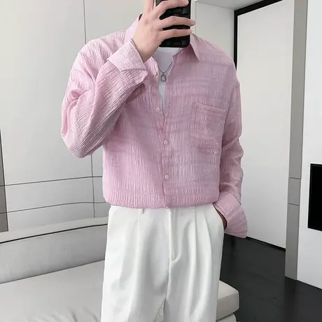 男士小香风长袖衬衫春夏2023年休闲痞帅垂坠宽松气质提花褶皱上衣图片