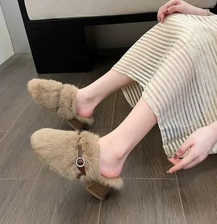 毛毛拖鞋女2023新款鞋秋款厚底增高毛兔毛鞋冬外穿毛拖毛绒棉拖棉商品大图