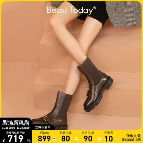 BeauToday英伦风切尔西短靴女秋季单靴厚底靴子中筒瘦瘦靴烟筒靴图片