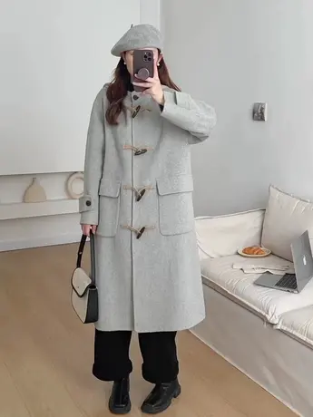 100羊毛！韩版中长款宽松减龄牛角扣连帽外套女双面长绒毛呢大衣图片