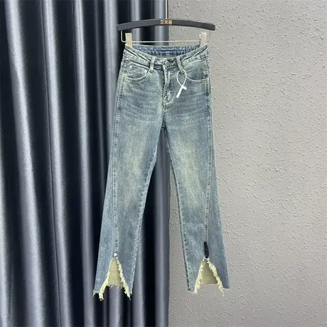 个性贴布毛边微喇牛仔裤女2024春季新款浅蓝开叉高腰显瘦喇叭裤潮图片