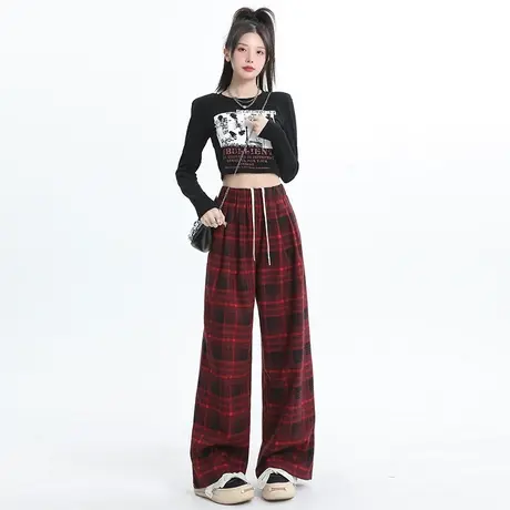 红色格子阔腿裤女加绒秋冬2023新款复古美式高腰宽松垂感休闲卫裤图片
