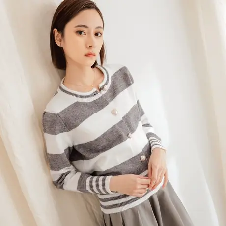桔熊秋冬季休闲保暖针织衫横条纹软糯圆领毛衣短外套女学生FA2657图片