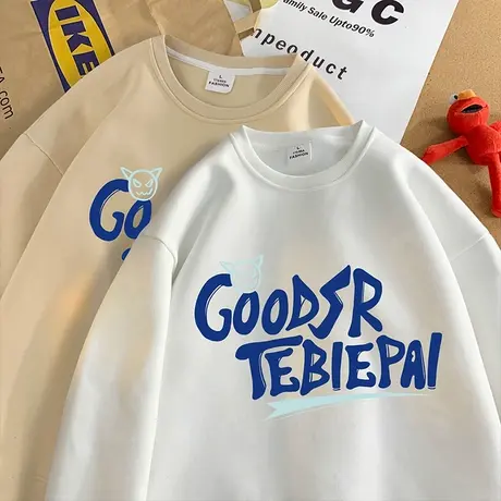 潮流宽松美式字母套头圆领卫衣男春秋季新款无帽长袖打底衫设计感商品大图