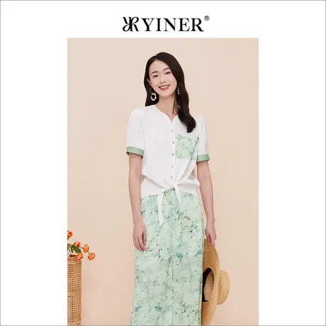 YINER音儿线上专选女装2023夏季短袖衬衫质感印花百搭系带商品大图
