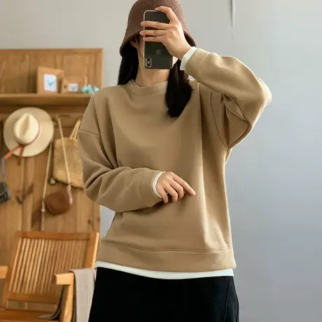 dza 复古休闲宽松假两件加绒卫衣女冬季新款宽松圆领短款长袖上衣图片