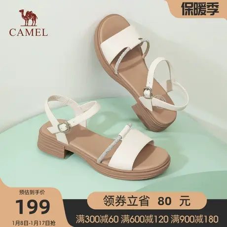 骆驼女鞋年夏新款真皮一字带厚底粗跟露趾罗马凉鞋女时装凉鞋图片