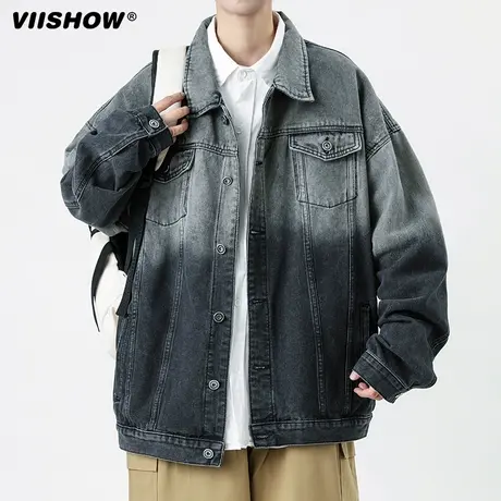 VIISHOW美式复古水洗做旧渐变牛仔外套男秋季宽松设计感潮流夹克商品大图