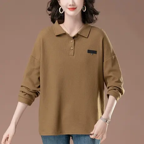 长袖t恤女春季新款加肥加大码女装宽松中老年妈妈翻领外穿打底衫商品大图