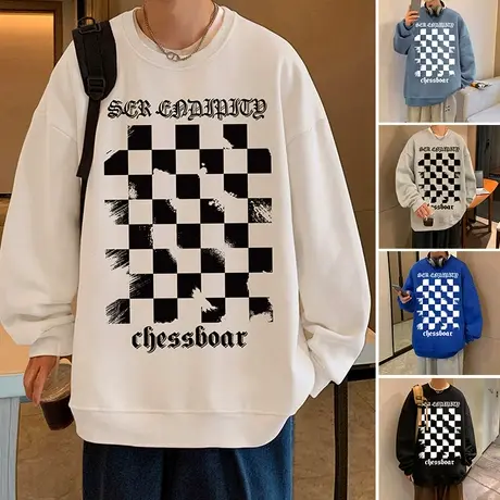 重磅美式潮牌圆领卫衣男秋冬款oversize外套宽松棋盘格港风打底衫商品大图