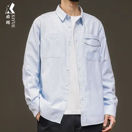 希越复古条纹衬衫男春秋新款潮牌双口袋衬衣宽松休闲男生长袖外套商品大图