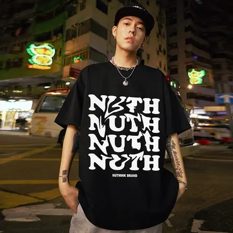 Nuthink美式街头加肥加大滑板重磅短袖美潮字母t恤男潮牌大码半袖商品大图